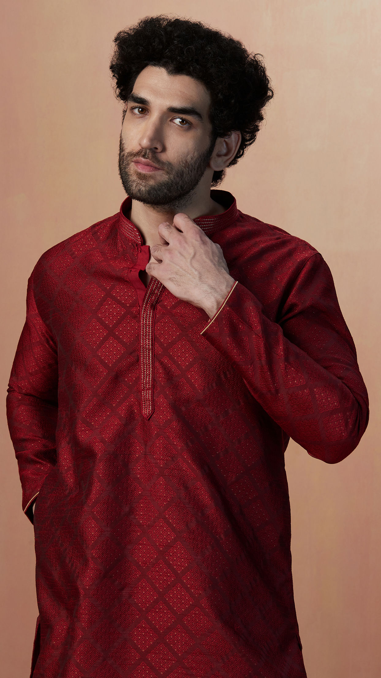 Merlot Red Jacquard Kurta Pajama image number 0